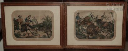 Pair of coloured lithographs: lion hunting...