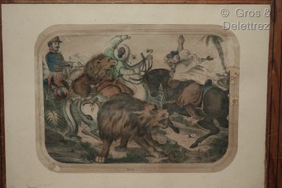 null Paire de lithographies coloriées : scènes de chasse au lion en Afrique du Nord...