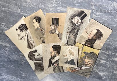  (Etude)Ecole française de la fin du XIXe siècle 
Lot de neuf caricatures 
Gouache,...