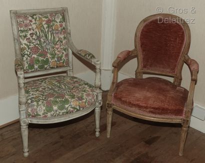 A set of two armchairs: 

- One grey relacquered...