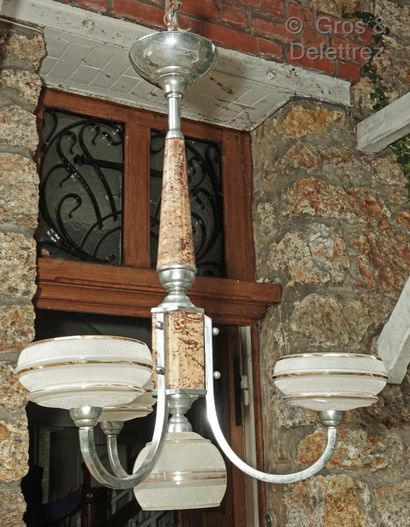 Chromium-plated steel four-light chandelier,...