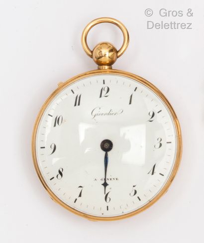  Yellow gold cockerel pocket watch, round case, white enamelled dial with painted...