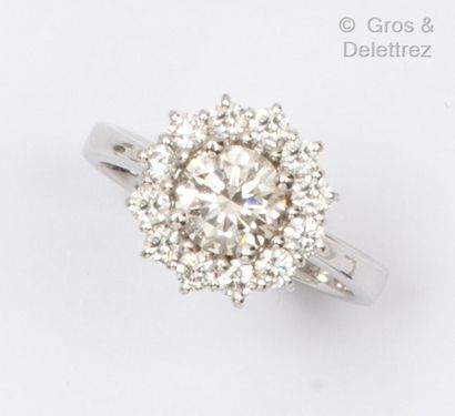 null A white gold ring set with a brilliant-cut diamond in a setting of smaller diamonds.

Weight...