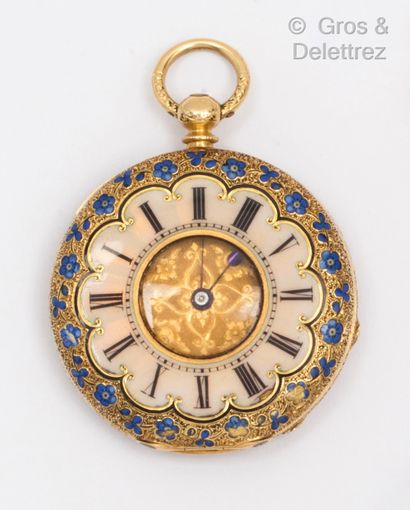 Yellow gold pocket watch, gold dial chased...