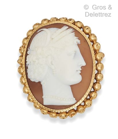 A yellow gold oval brooch with a shell cameo...