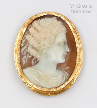 A yellow gold brooch with a shell cameo representing...