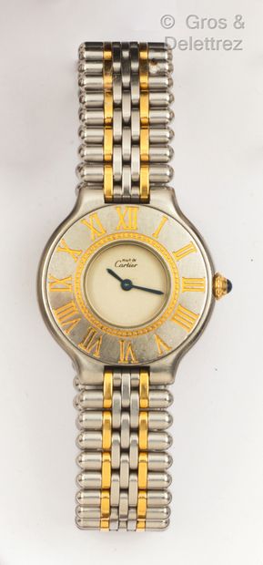 CARTIER "Must" - Steel and gold-plated steel ladies' watch bracelet, round 22mm case,...