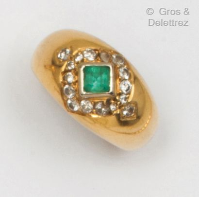  Yellow gold "Jonc" ring, set with a square emerald in a circle of brilliant-cut...