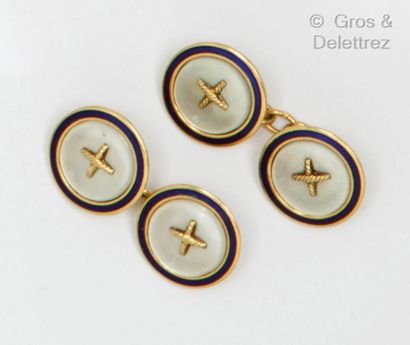 Pair of yellow gold cufflinks, with mother-of-pearl...