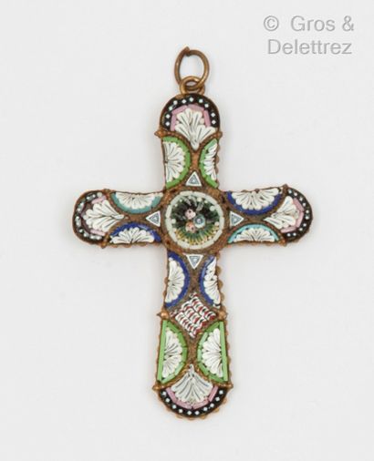 null Gold-plated metal "Cross" pendant, decorated with a micro-mosaic with floral...