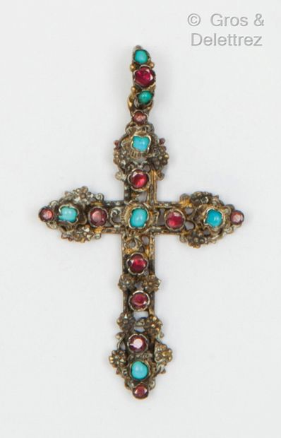 null Pendant "Cross" in enamelled silver enriched with coloured stones and turquoise....
