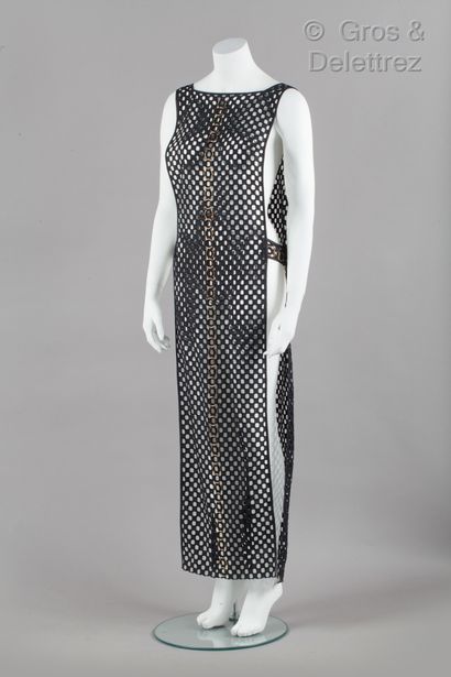 Paco RABANNE Long openwork cotton panel dress with gold metal rings, adjustable straps....