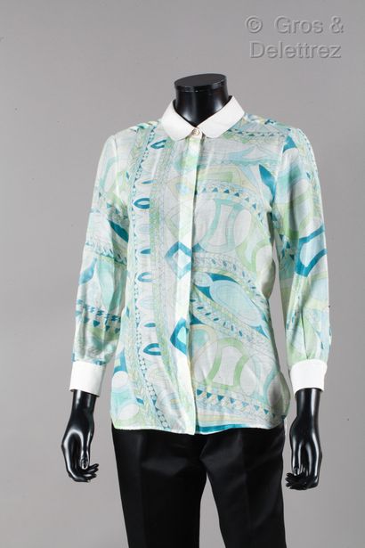 Emilio PUCCI Multicoloured printed cotton voile shirt in green tones, small collar,...