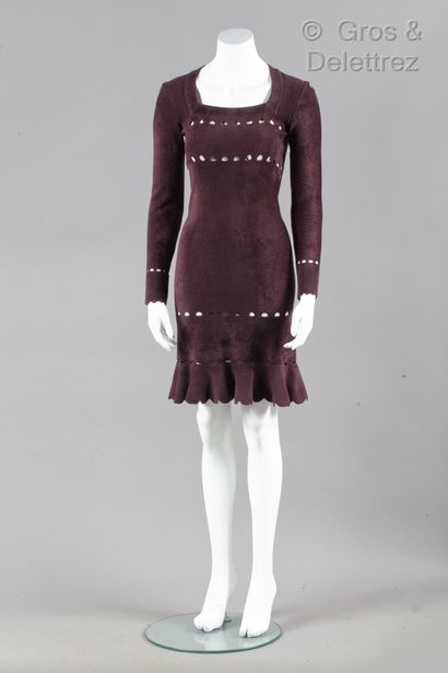 ALAÏA Dress in burgundy mossy wool added, square neckline, long sleeves and notched...