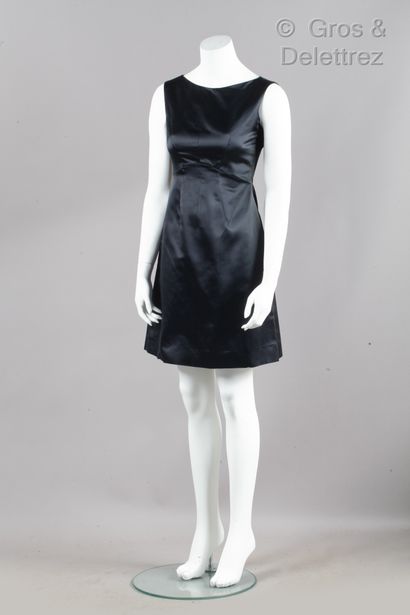 PRADA Sleeveless dress in black satin, round neckline, skirt slightly flared from...