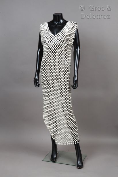 Paco RABANNE White mesh dress with white pastilles, round neckline, small sleeves....