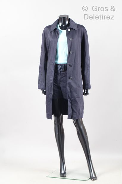 PRADA Navy cotton outfit consisting of a trench coat, small collar, single breasted...