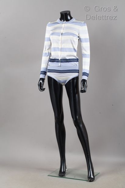 LOUIS VUITTON Beach outfit in ecru knit with blue gradient stripes, consisting of...