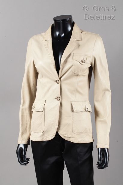 PRADA Beige lambskin leather jacket, notched shawl collar, single breasted with two...