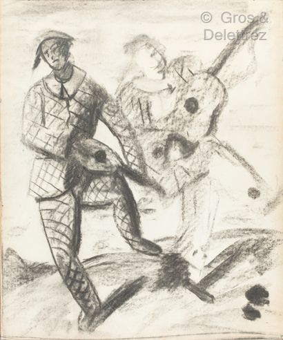 André DERAIN (1880-1954) Arlequin 
Fusain sur papier. 
Porte la griffe de la signature...