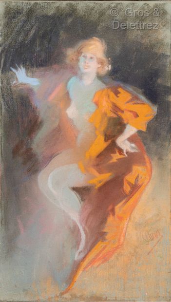 Jules CHÉRET (1836-1932) Jeune femme au drapé orange

Pastel sur toile. 

44 x 25...