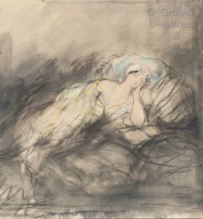 Pierre LAPRADE (1875-1931/32) Elégante étendue 
Crayon, encre et aquarelle sur papier....