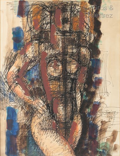 Marcel GROMAIRE (1892-1971) Nu debout 
Plume, encre de Chine et aquarelle. 
Signé...
