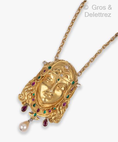 null 
Yellow gold "Art Nouveau" necklace with a woman's head surrounded by enamelled...