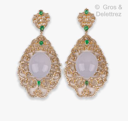 null A pair of vermeil earrings with two articulated bodies, composed of a lace of...