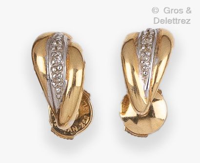 null Pair of yellow and white gold earrings, set with a line of 8/8 diamonds with...
