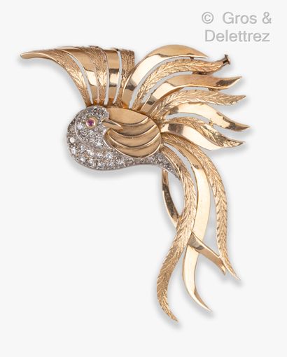 null Broche « Oiseau de paradis » en or jaune et or gris, le corps entièrement serti...