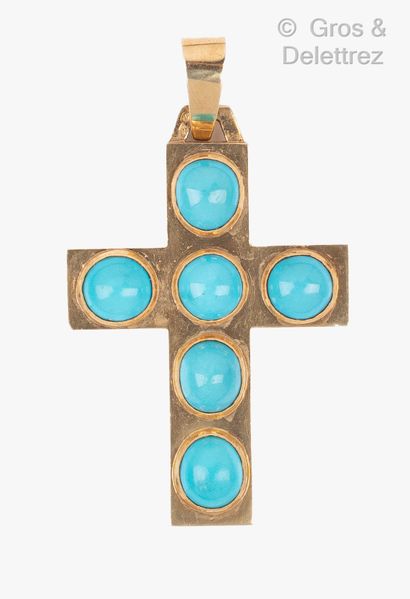 null Yellow gold "Cross" pendant, decorated with cabochons of stones imitating turquoise....