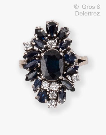 null A 14K white gold ring set with an oval sapphire in a circle of navette sapphires...