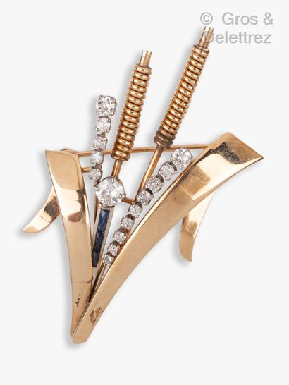 null 14K yellow gold "Roseaux" brooch, highlighted with brilliant-cut diamonds, one...