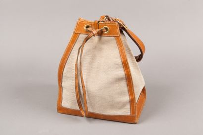 null HERMES Paris - Petit sac marin 25cm à soufflets en toile H chinée beige et cuir...