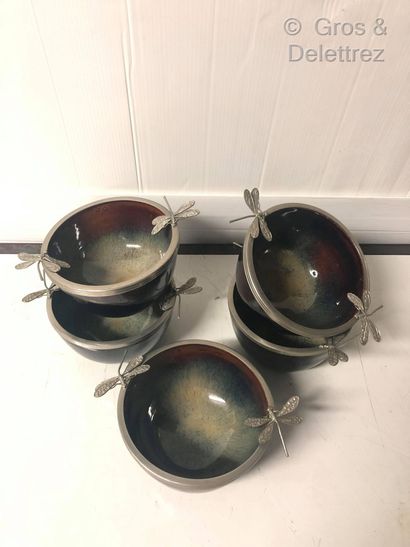null Suite of five glazed ceramic dishes with silver plated metal mountings in the...