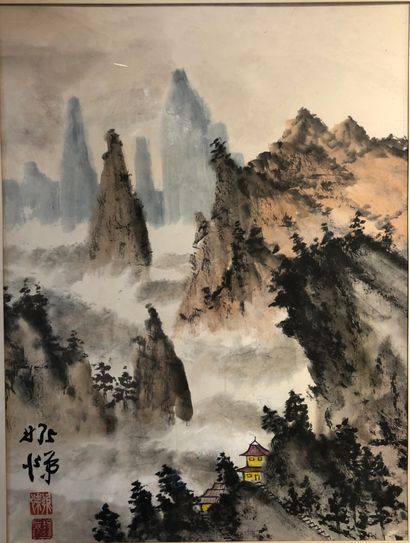 null China 20th century



Landscape of mountain peaks with pagoda and characters



Ink...