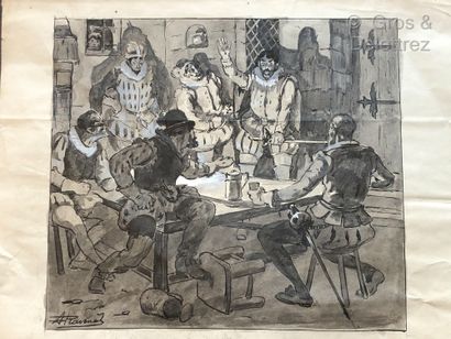 null Ink drawing on paper depicting a scene of six infantrymen in an animated discussion....