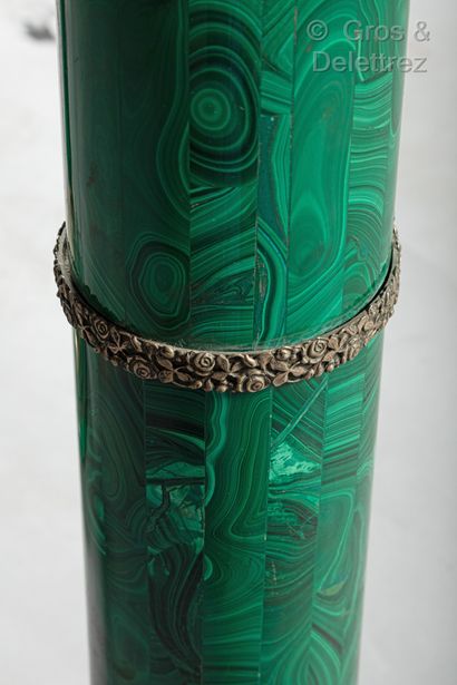 null Exceptional pair of silvered metal and malachite veneer torchères with six acanthus...