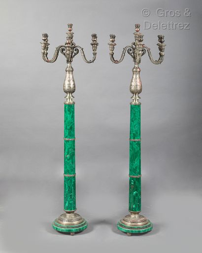  Exceptional pair of silvered metal and malachite veneer torchères with six acanthus...