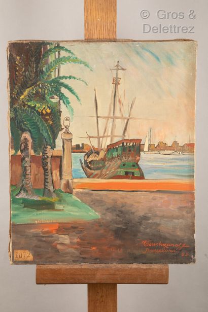 null Eugène TOUCHKANOFF ( Xxe siècle) 

Navire dans le port de Barcelone, 1953

Huile...