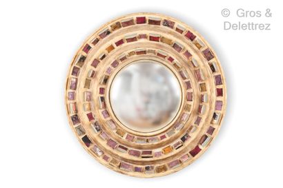 LINE VAUTRIN (1913-1997) Rare miroir «sorcière» circulaire en Talosel incrustée de...