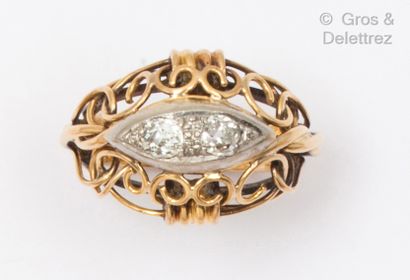 null Yellow gold "Dome" ring with openwork interlacing underlined by two old-cut...