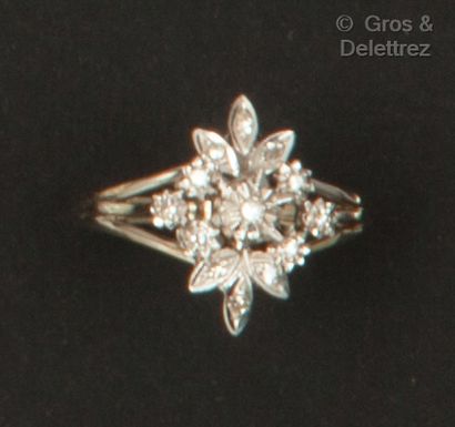 null Bague « Fleur » en or gris, ornée d’un diamant taillé en brillant central entouré...