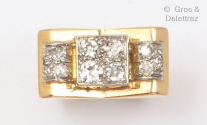 null Yellow and white gold "Tank" ring with bridge motifs, set with old cut diamonds....