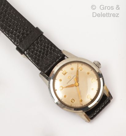 ETERNA MATIC Circa 1950. Steel wristwatch, round case (30 mm), silver dial, central...