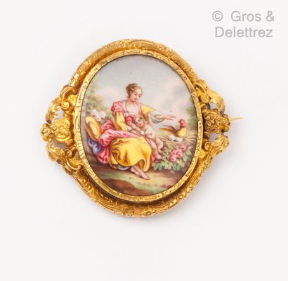 Yellow gold brooch with an enamelled miniature...