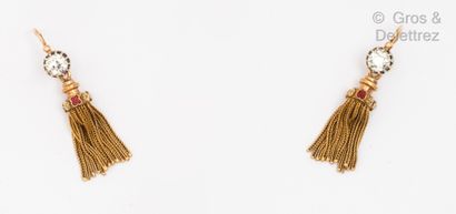 null Pair of yellow gold "Pompons" earrings, consisting of "Dormeuses" set with old-cut...