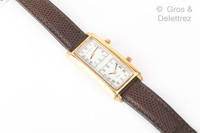 LANCEL Watch in gilt metal, rectangular case, white dial with two counters for different...