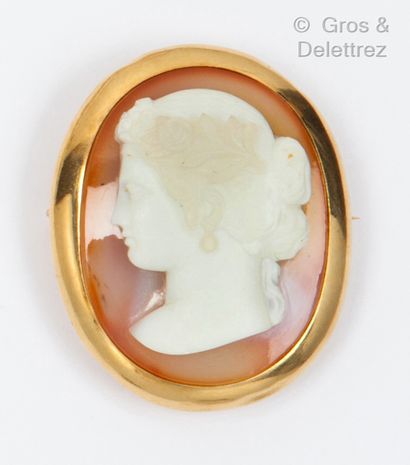 null Yellow gold brooch, with a cameo on agate representing a woman wearing a rose....